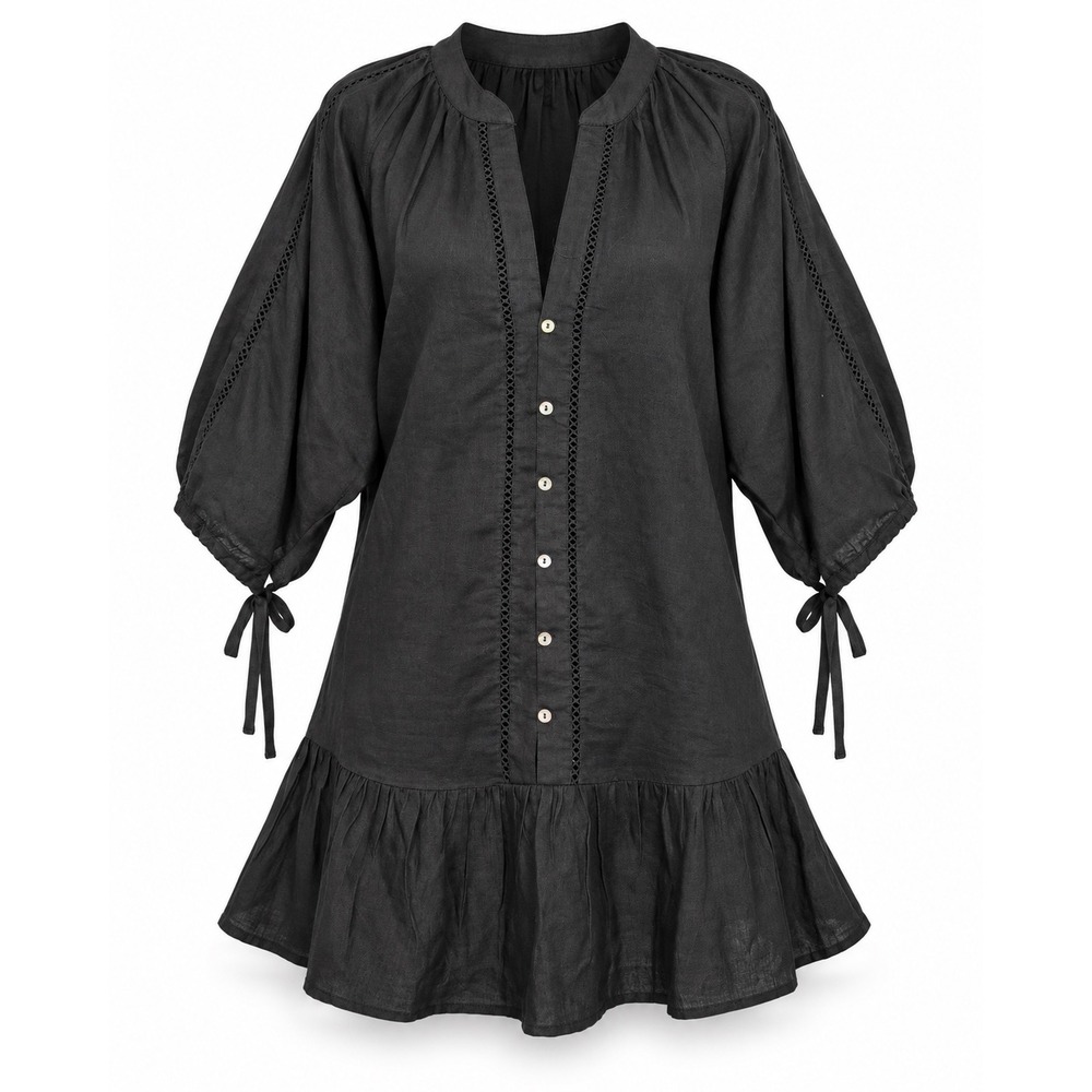 BOTEH Mini Dress S Black La Ponche Frill Boho Resort Linen Cotton Blouson Sleeve